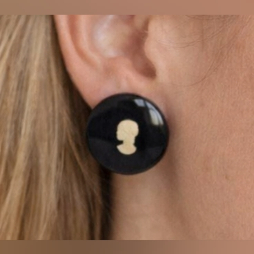 Vintage Black and White Cameo Clip On Earrings One of A Kind